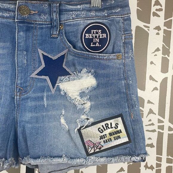 Express High Waist Cut Off Jean Shorts with Patches 6 - Picture 4 of 11